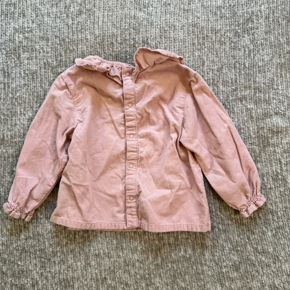 Zara Baby Pink Corduroy‎ Ruffle Collar Top 12-18M Long Sleeve Blouse Dusty Rose